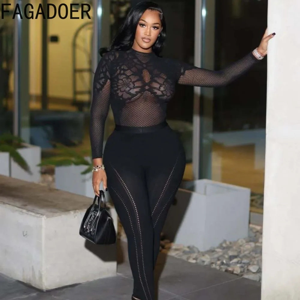 FAGADOER Sexy Hollow-out Bodycon Two Piece Outfits Woman See Through Long Sleeves Crop Top + Skiny Pants Suits Female Streetwear