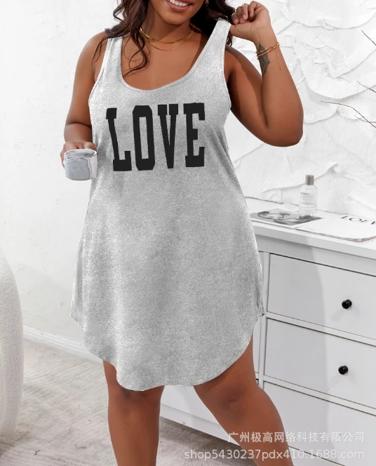 

Womens Dresses 2024 Summer Fashion Letter Print Casual U-Neck Sleeveless Loose Daily Basics Mini Straight Tank Sleep Dress