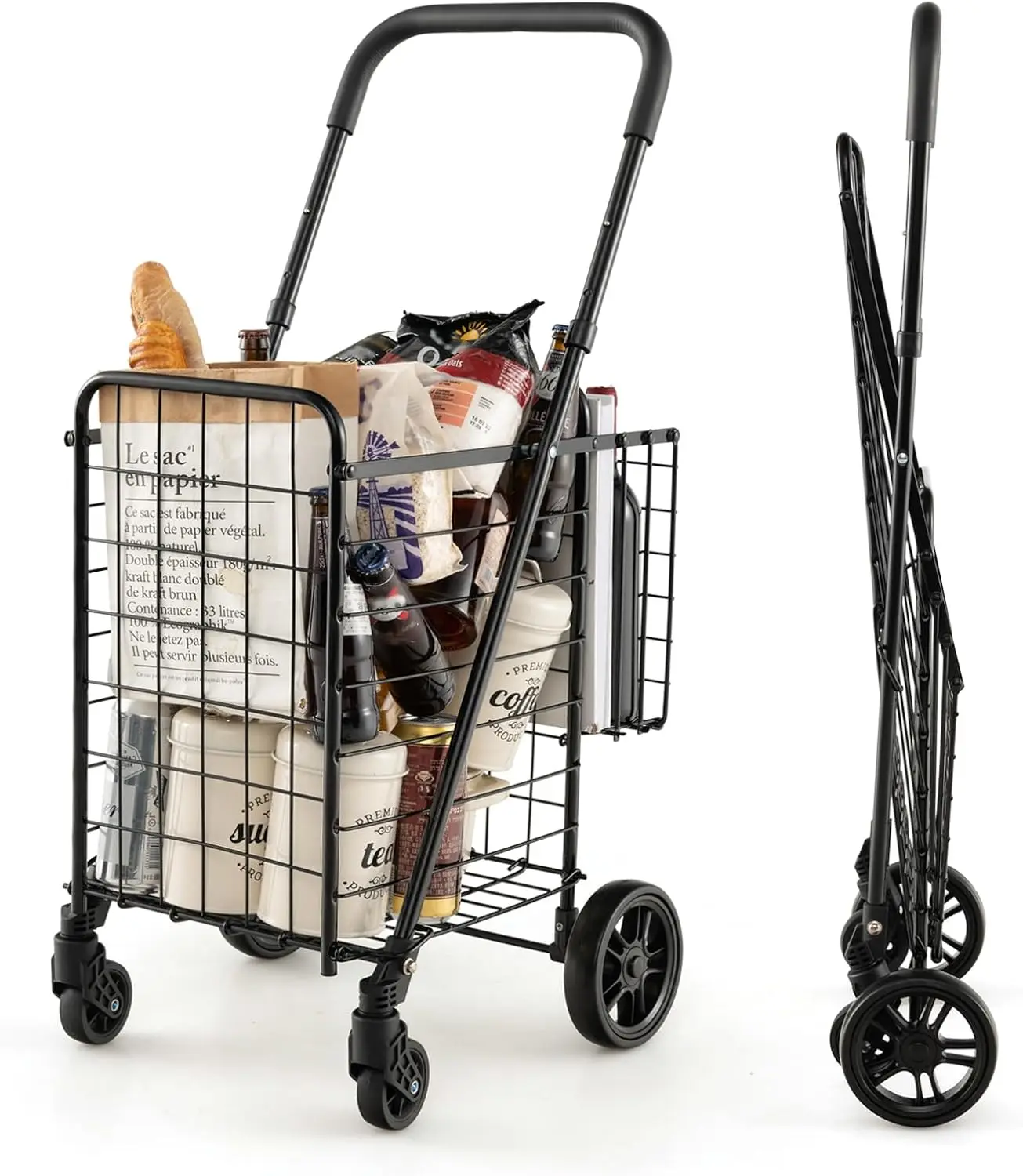 

Складная универсальная тележка с двойной корзиной, регулируемой ручкой и поворотными колесами для продуктов, путешествий и стирки