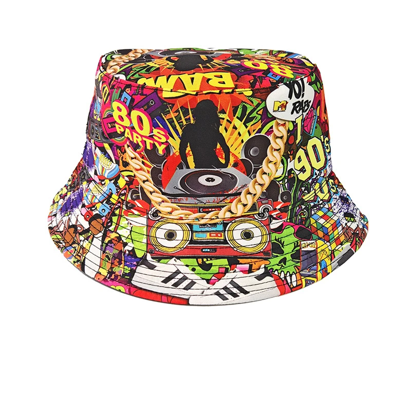 Modischer Retro-Graffiti 80er 90er Bucket Hat für Männer und Frauen, Lustiger Sommer-Frühling-Strand-Anglerhut, Packbarer Outdoor-Sonnenhut – Detail 3