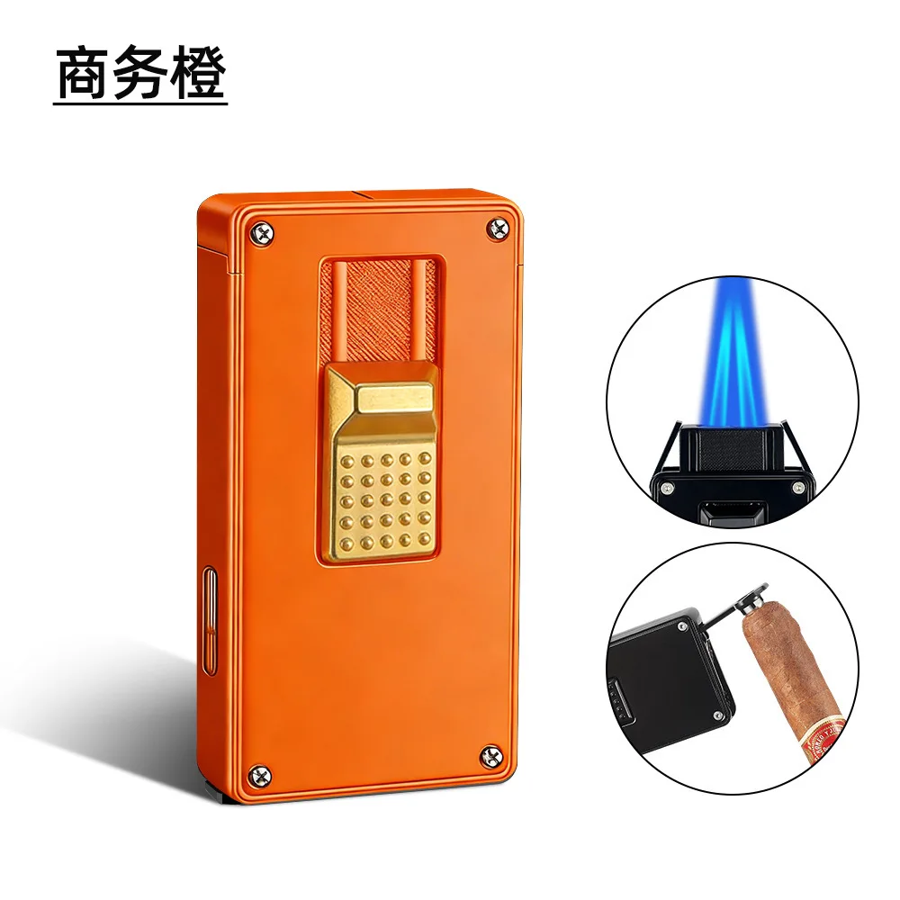 

Креативная многофункциональная металлическая зажигалка с двойным пламенем, ветрозащитная, с синим пламенем, с резаком для сигар, подарок для мужчин