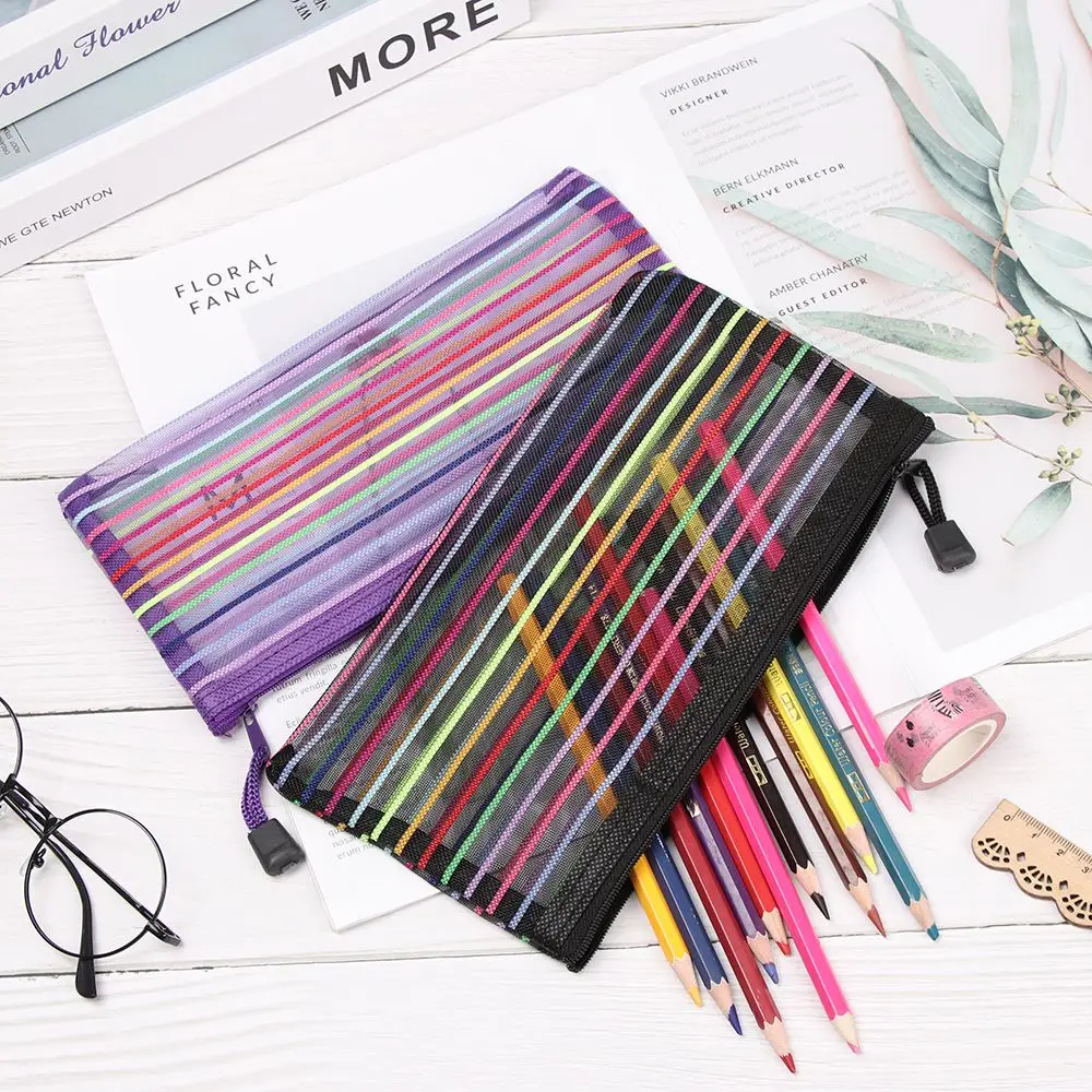 1pc Coin Purse Gifts Rainbow Color Makeup Nylon Stationery Cosmetic Storage Grid Mesh Pen Bag Zipper Pencil Case
