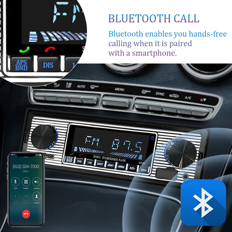 Hippcron Car Radio 1 DIN Stereo Digital MP3 Player Bluetooth FM Audio USB TF Music Handfree With In Dash AUX Input 12V Classical