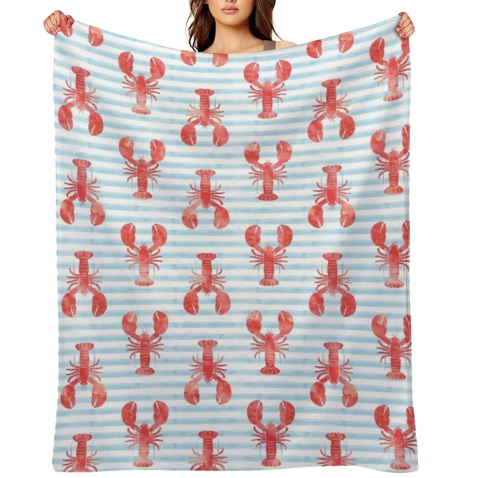 

Lobsters on blue stripes Throw Blanket Thermals For Travel Heavy Polar Warm Blankets