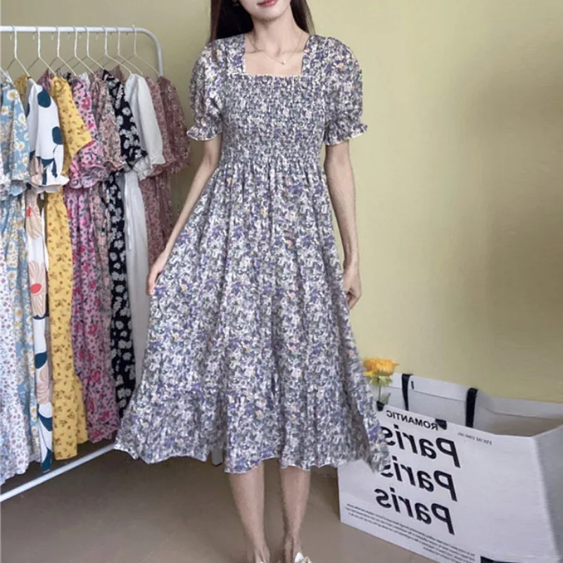 Spring Summer Elastic Waist Chiffon Dress Women Casual Dresses Vestidos Fashion Female Short Sleeve Pleated A-line Dresses