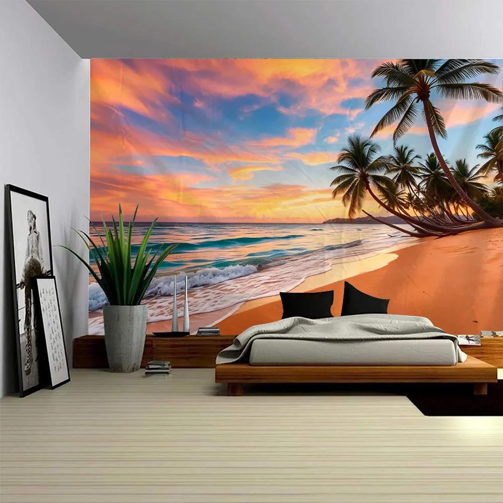 

Summer Beach Coconut Tree Tapestry Sunset Beach Waves Sky View Living Room Decoration Aesthetics Fabric Wall Hanging