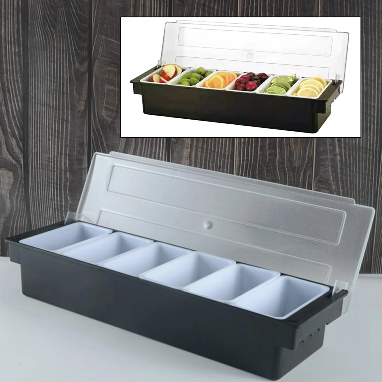 Ingredient Container Set of 6 Barbecue Storage Container with Lid Compartments for Fruit Ingredients Black with Transparent