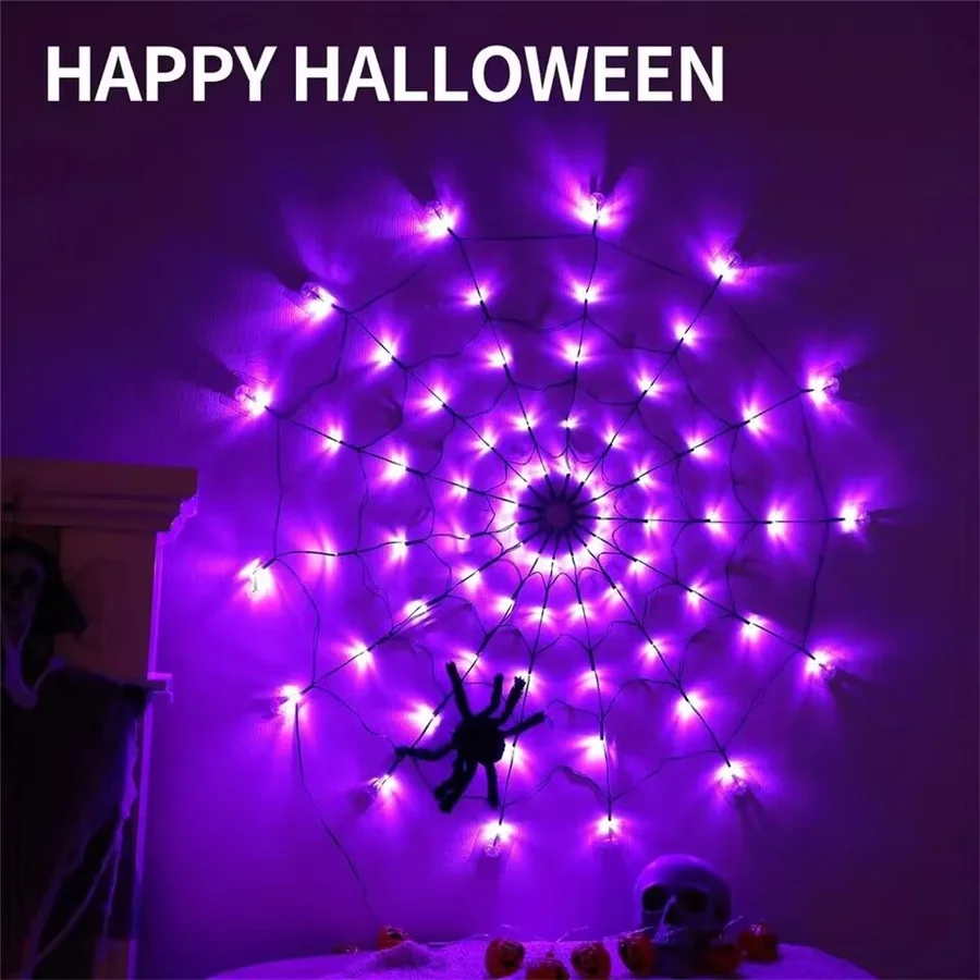 Waterproof 70LED Halloween Spider Mesh String Lights Outdoor Remote 8 Modes Horror Net Light for Halloween Party Wall Decoration