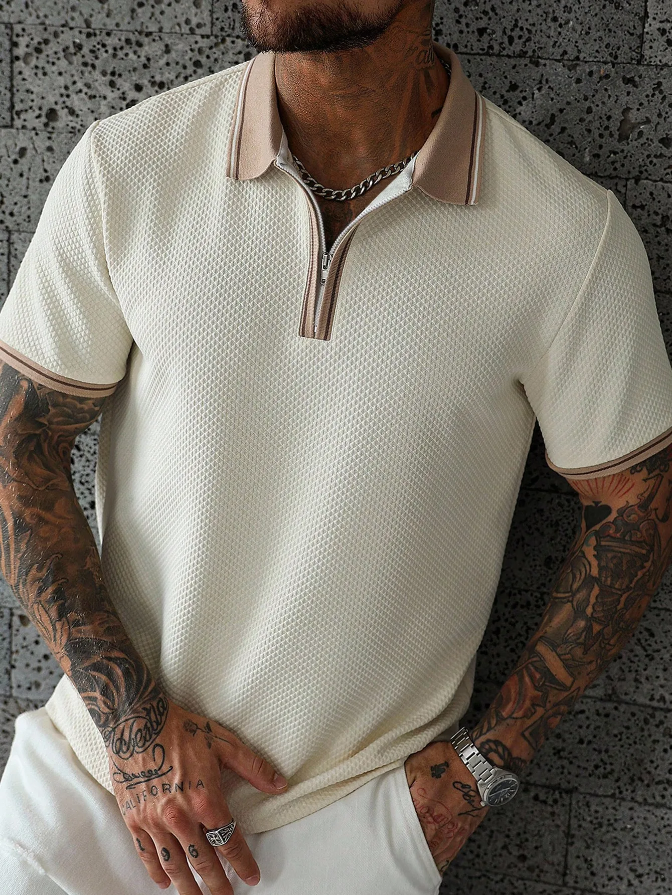 

Men's Beige Textured Zipper Polo Shirt with Contrast Trim, Casual Sport Style