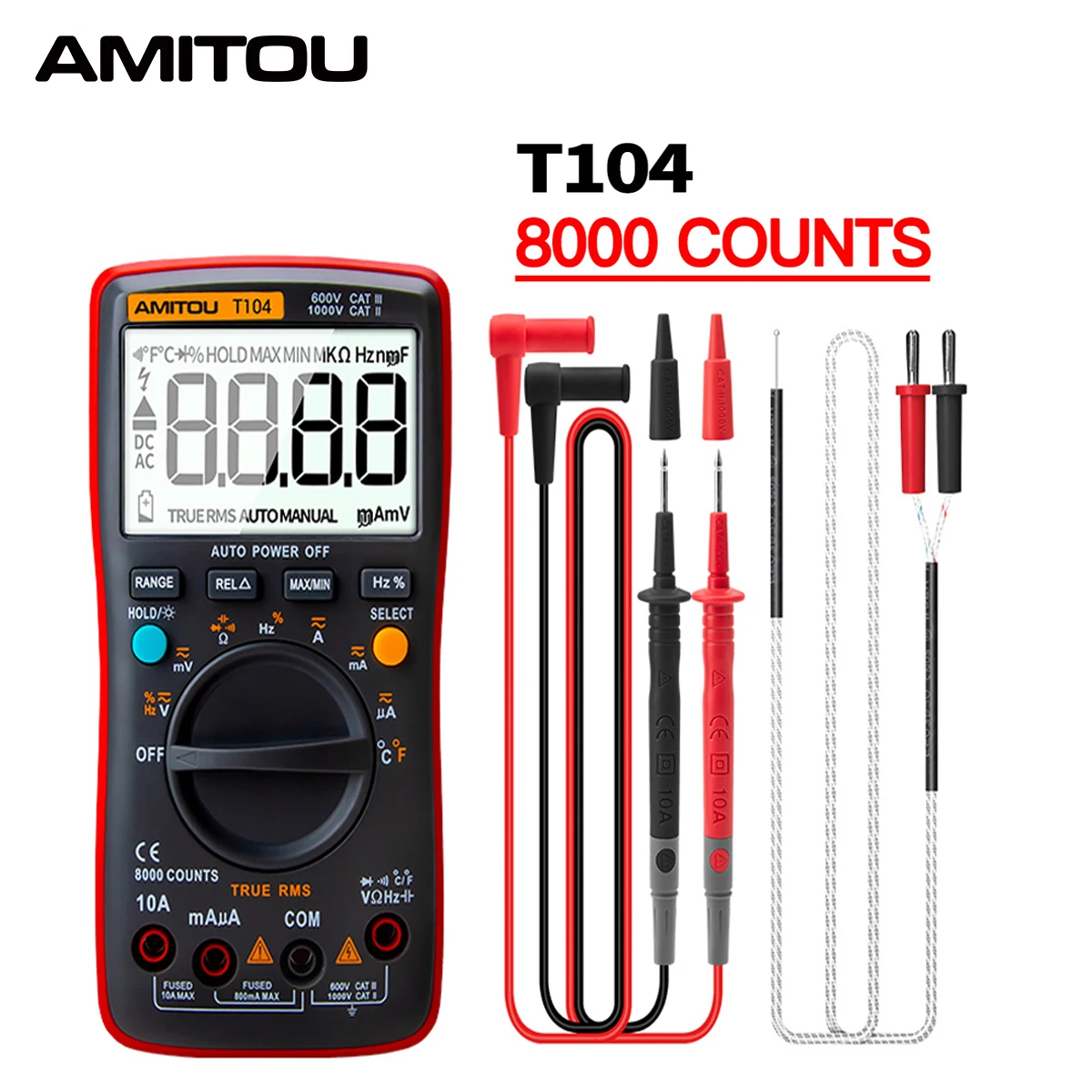 AMITOU T104 Digital Professional Multimeter Electric Voltmeter Ammeter AC/DC Voltage Tester Multi-tester Tools for Electrician