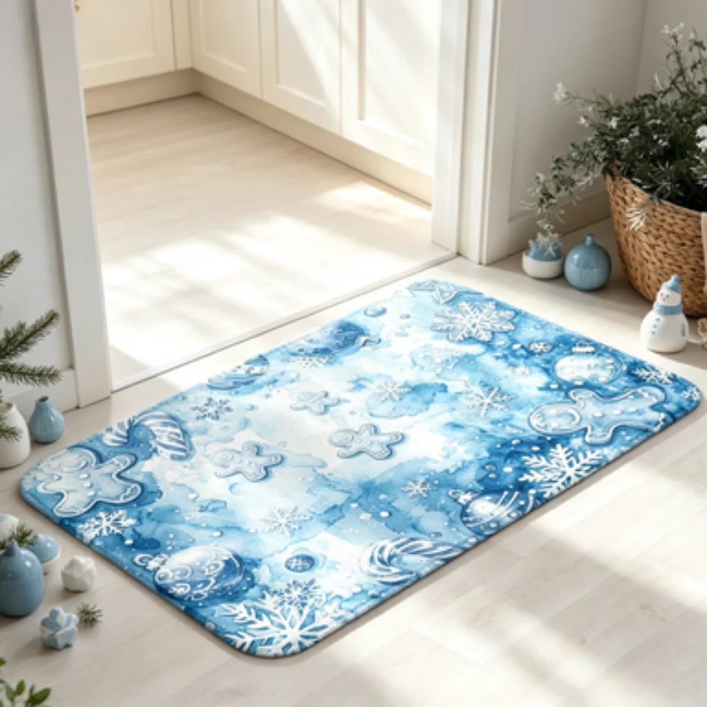 Cool Tone American Christmas Long Runner, Snowy Snowman Reindeer Entrance Mat, Ice Blue Snowflake Texture Doormat.