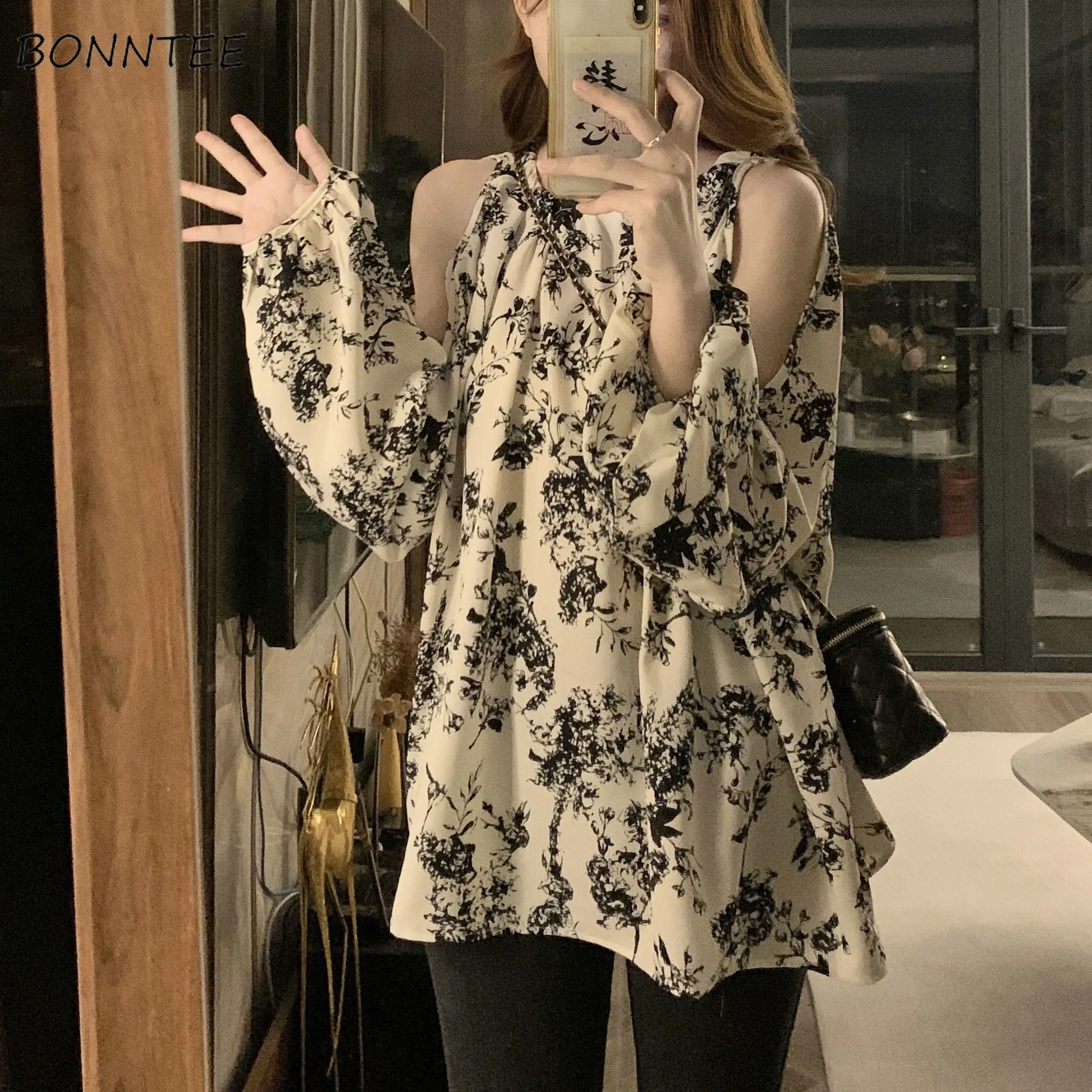 

Blouses Women Floral Printed Summer Vintage Off Shoulder Loose Casual Tops Fashion All-match Temper Tender Breathable Simple