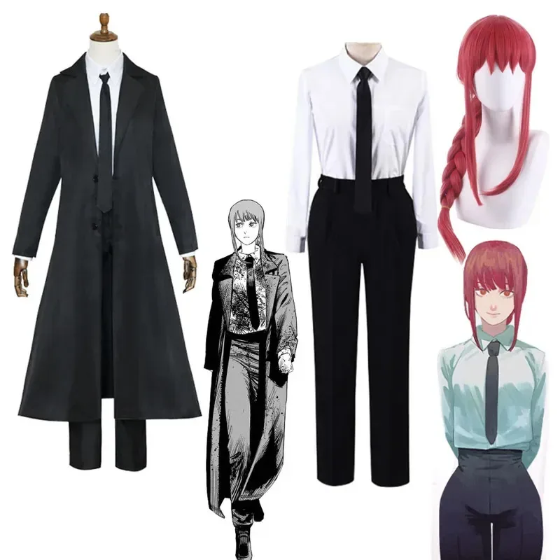 2025 adultos Makila Cospmats Anime motosierra hombre disfraz peluca roja gabardina negra camisa Cosplay uniforme ropa de Halloween para mujer