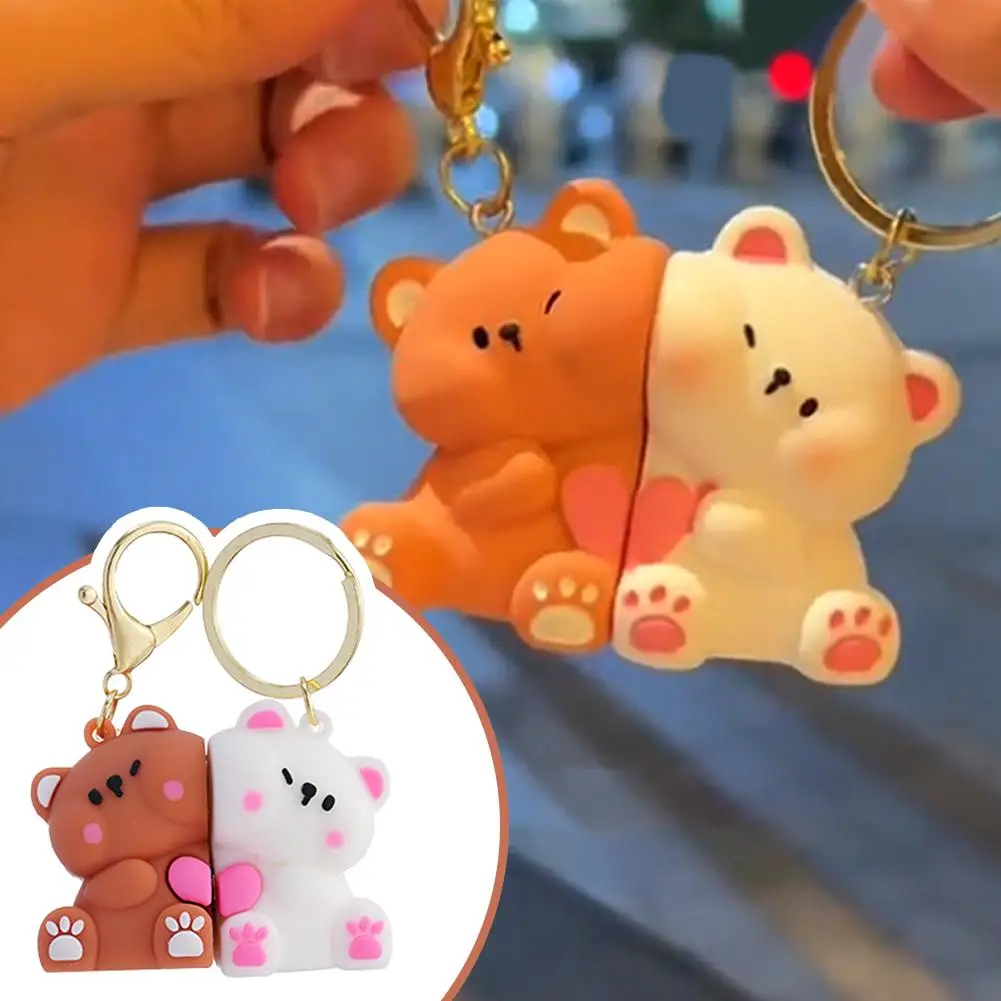 Cute Teddy Bear Magnetic Keychain For Love Couple Small Cartoon Bear Mutual Attraction Pendant Birthday Gift For Lover Couple