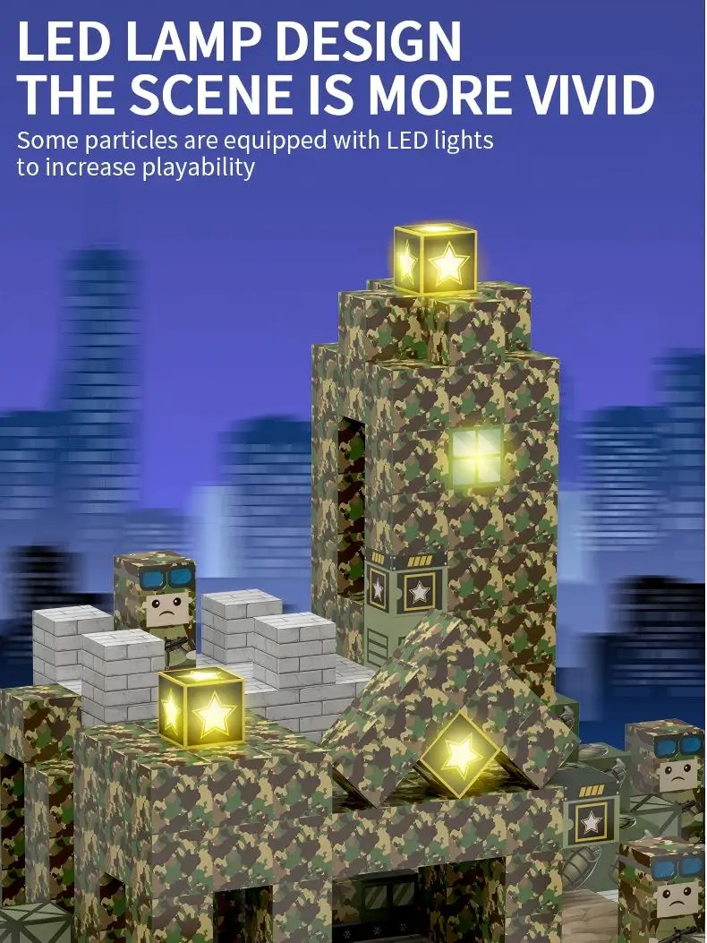 Magnetyczne klocki konstrukcyjne ze światłami, wojskowe, edukacyjne STEM, Montessori, sensoryczne kostki do układania, zabawki dla dzieci od 3 lat, prezenty dla chłopców i dziewczynek.