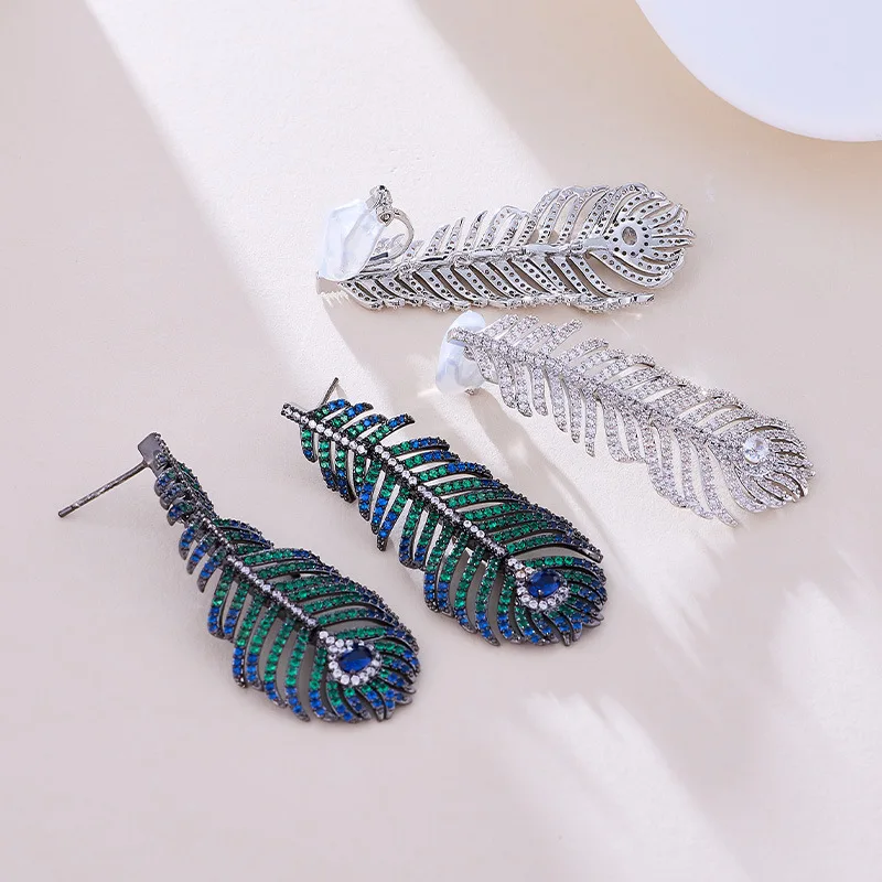 

Luxury zircon peacock feather earrings long tassel S925 silver needle earrings woman