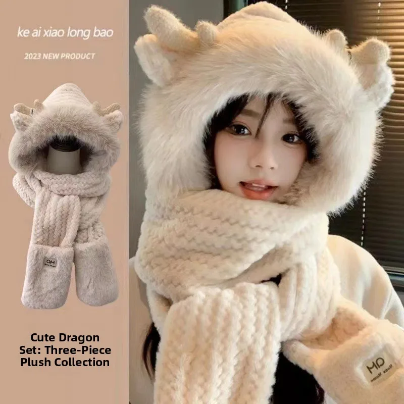 warm-velvet-deer-antler-hat-scarf-gloves-hooded-three-piece-set-for-women-cute-autumn-winter-fashionable-thermal-neck-warmer