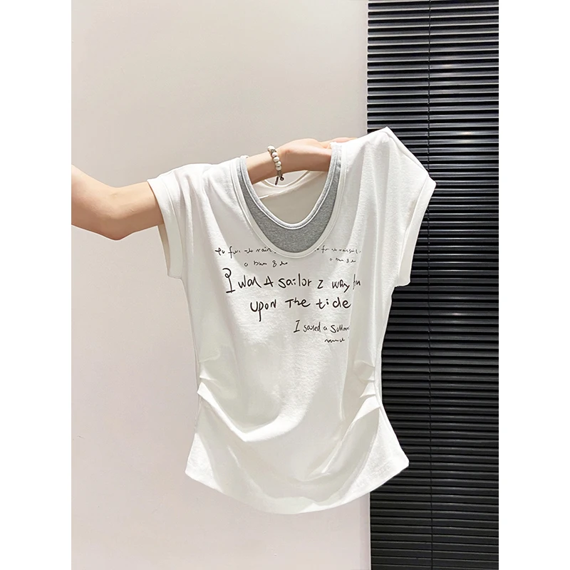 Fake Two-piece Short-sleeved T-shirt for Women, New Summer Style, With Letter Printing, Fitted Waist, Pleated, Slim-fitting Top