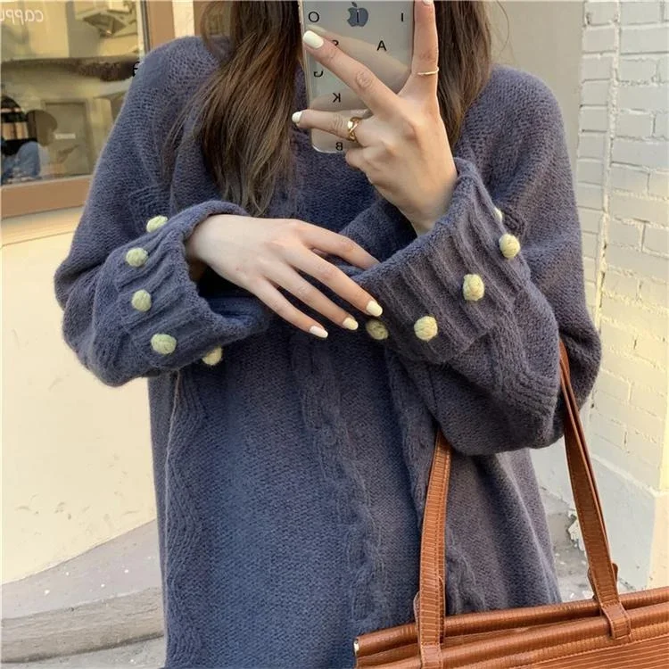 Vintage Knitted Tops Women's Oversized Pullover Sweaters Solid O-Neck Long Sleeves Twisted Pattern Knitting Autumn  Sweater