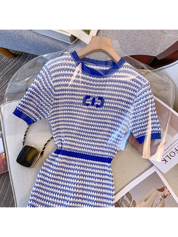 2023 Summer Vintage Short Sleeve O-neck Striped Blue Dresses Women\'s Elegant Classic Office Lady A-Line Ladies Slim Fit Dress