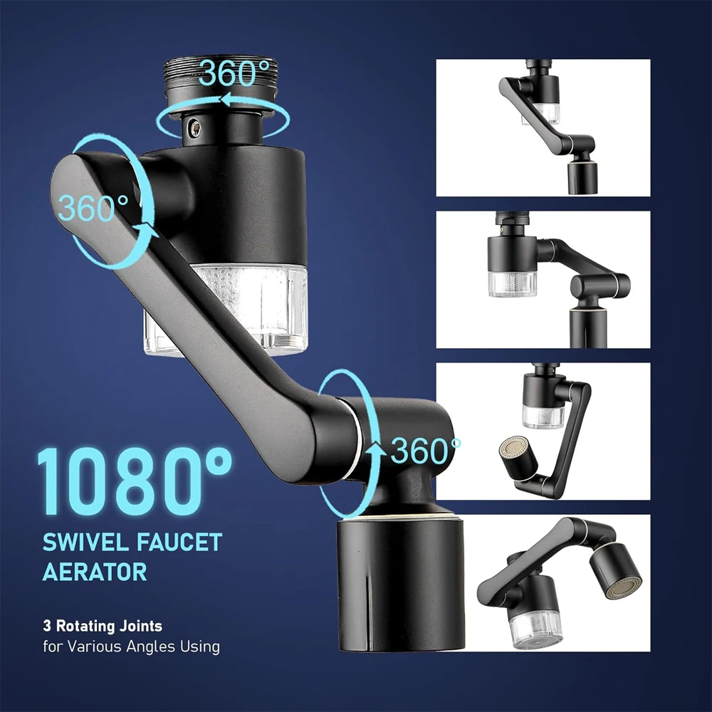 Metal 1080 Rotating Kithcen Faucet Extender with Filter 2 Modes Tap Aerator Splash Basin Swivel Robotic Arm Faucet Extension
