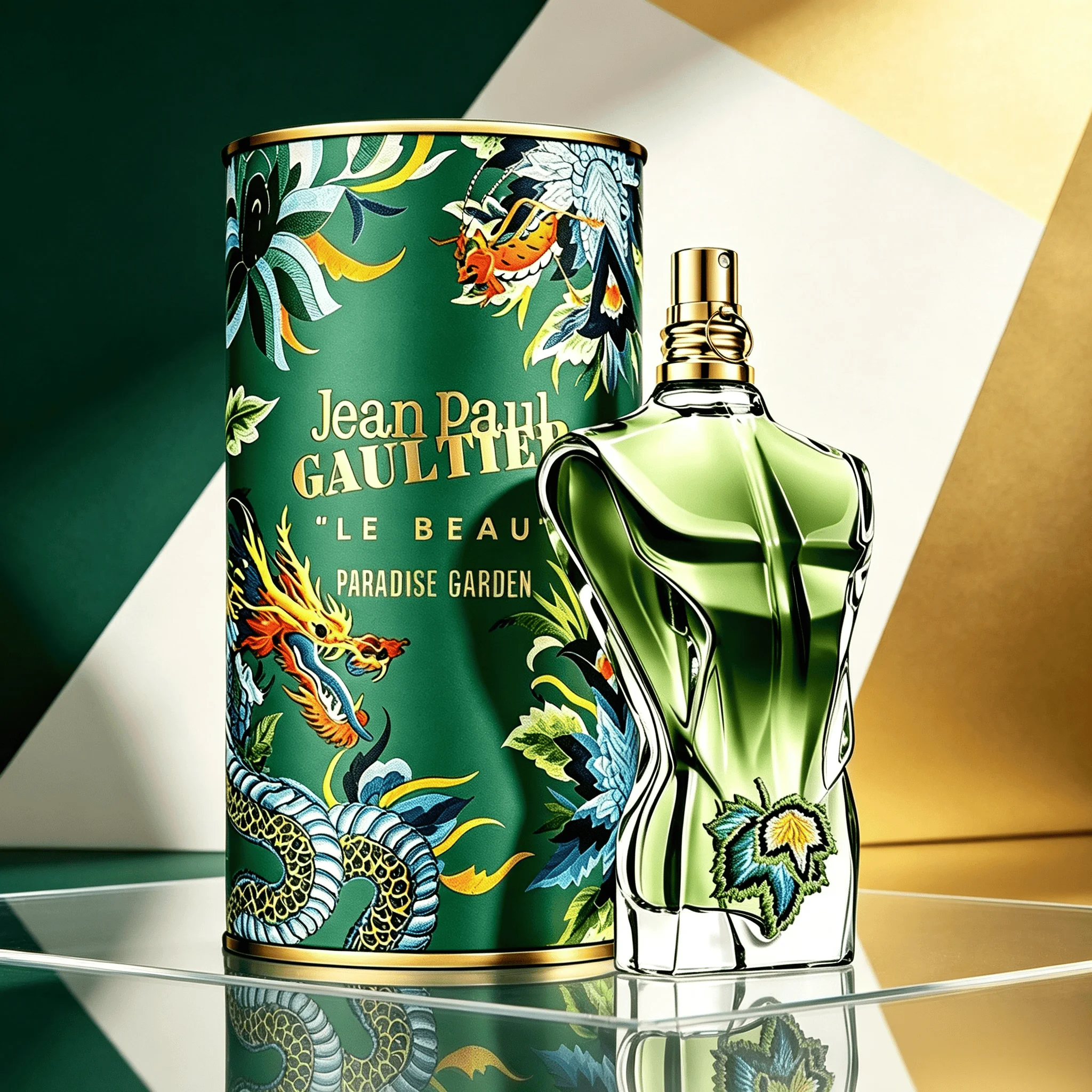 Jean Paul Gaultier Le Beau Paradise Garden Unisex Eau de Parfum 100ml, exotisches tropisches grünes Aroma, grüne Noten Kokosnuss, Feige, Sandelholz, erfrischender holziger Duft, Geschenkbox in Zylinderform mit Drachenmuster, langanhaltendes Parfüm-Spray, Geschenk für Partys, Dates und Abendveranstaltungen – Detail 3