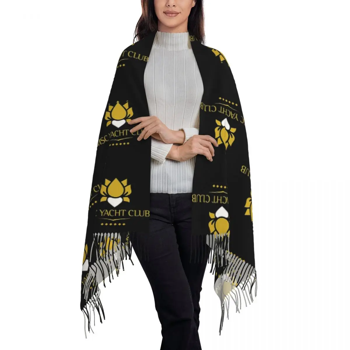 MSC Yacht Club Logo Design Cap Scarf Tassel Scarves Women Soft Warm Shawls and Wraps Large Fall Winter Shawl Wrap