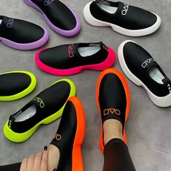 Neon Color Slip-On Shoes Women Summer Stretch Fabric Sneaker Sporty Flat Loafers Light Weight Comfortable Walking Tennis Female