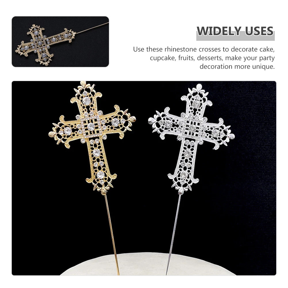 

2pcs Rhinestone Cross Decoration Bright Alloy Cupcake Topper Birthday Cake Decor Pearl Shape Party Supplies