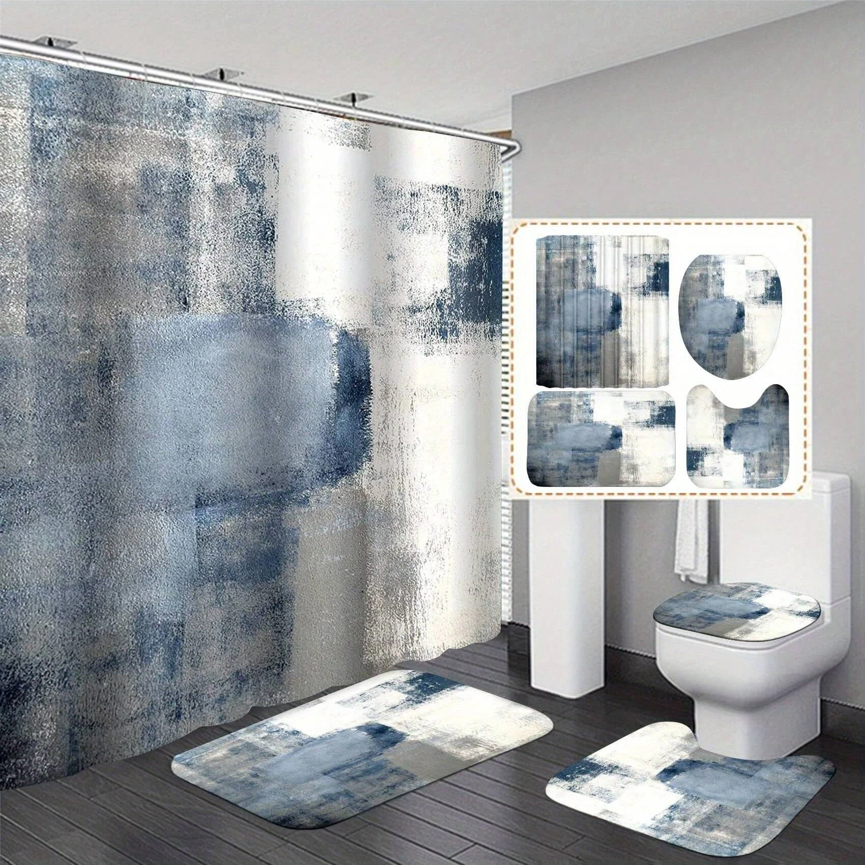 4pcs Abstract Pattern Bathroom Shower Curtain Set, With 12 Hooks, Anti-Slip Mats, And Toilet Lid Cover, Modern Home Decor