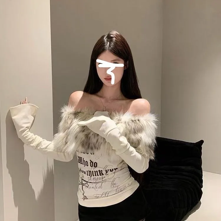 미국 럭셔리 퍼 그래픽 긴팔 티셔츠 Y2K 여성 오프숄더 탑 가을 겨울 빈티지 스파이시 걸즈 티 슬림핏 탑