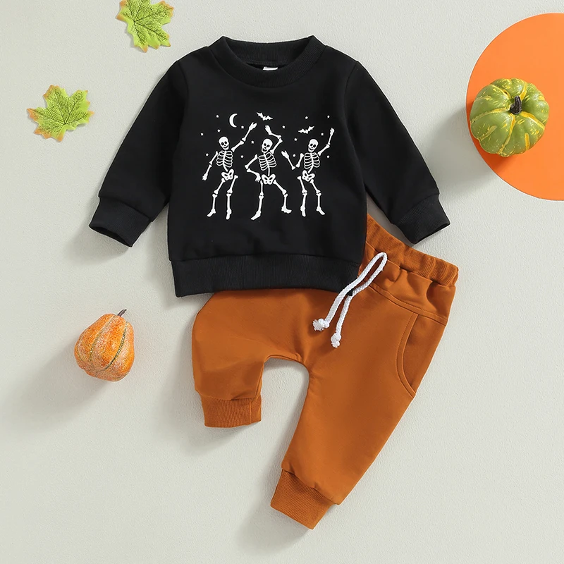 BeQeuewll Baby Boy 2023 autunno nuovo sport e tempo libero teschio stampa Halloween Festival Atmosphere Set a due pezzi