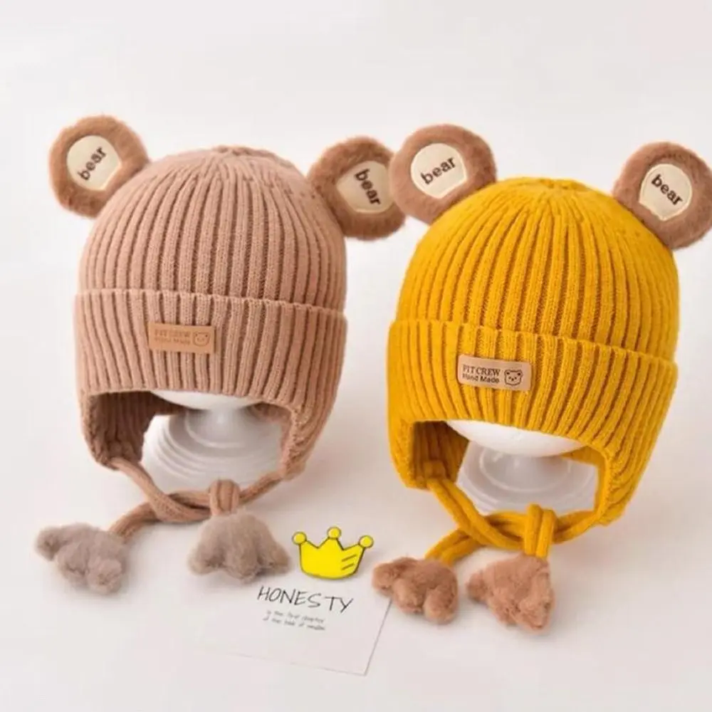 Шапка-бини с милым медведем для малышей, хлопковая подкладка, вязаный материал, детская антихолодная шапка со шнуровкой, теплая ужина