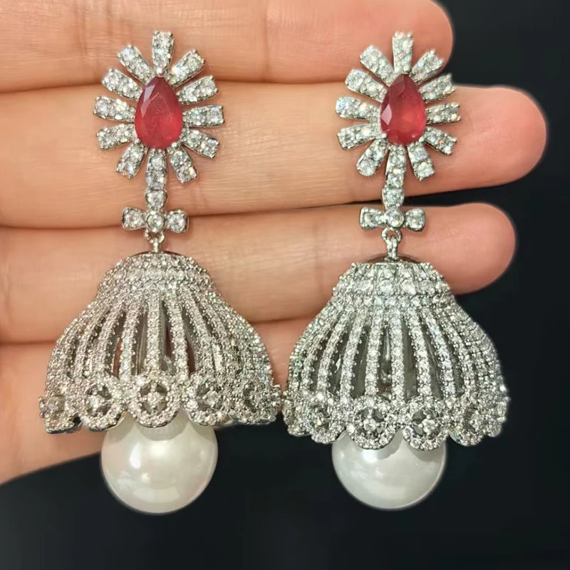 

Gorgeous earrings zirconia gold silver color pearl drop bell pendant earrings wedding bride luxury jewelry anniversary gift