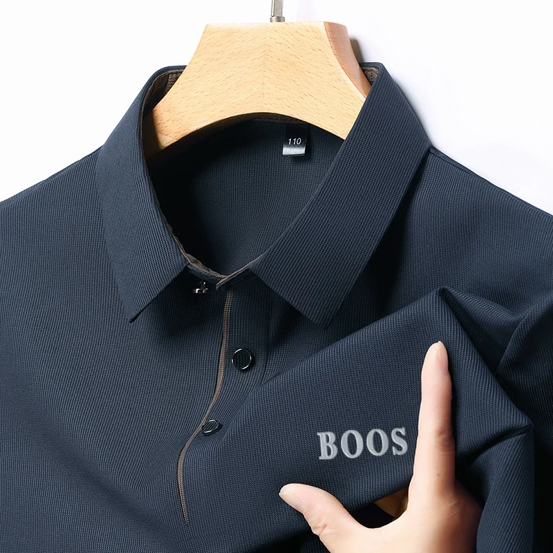 Freizeit-Herren-Kurzarm-Poloshirt mit Revers-Knopfleiste, Einfarbig mit Schriftzug, Bequemes Atmungsaktives Trendiges Herren-T-Shirt – Detail 3