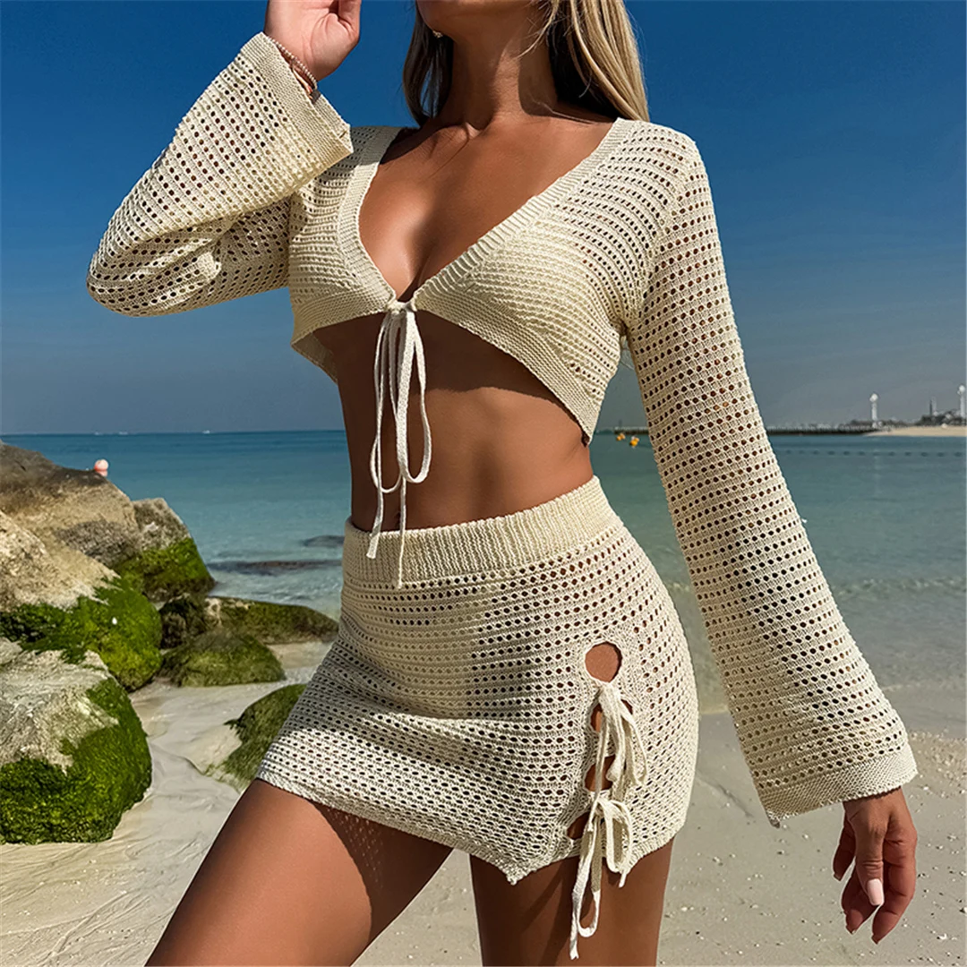 V-Ausschnitt, lange Ärmel, gehäkeltes Strickmuster, zweiteiliger Anzug, Strandkleid, Strandüberwurf, Strandmode, Damen, V6490 – Detail 3
