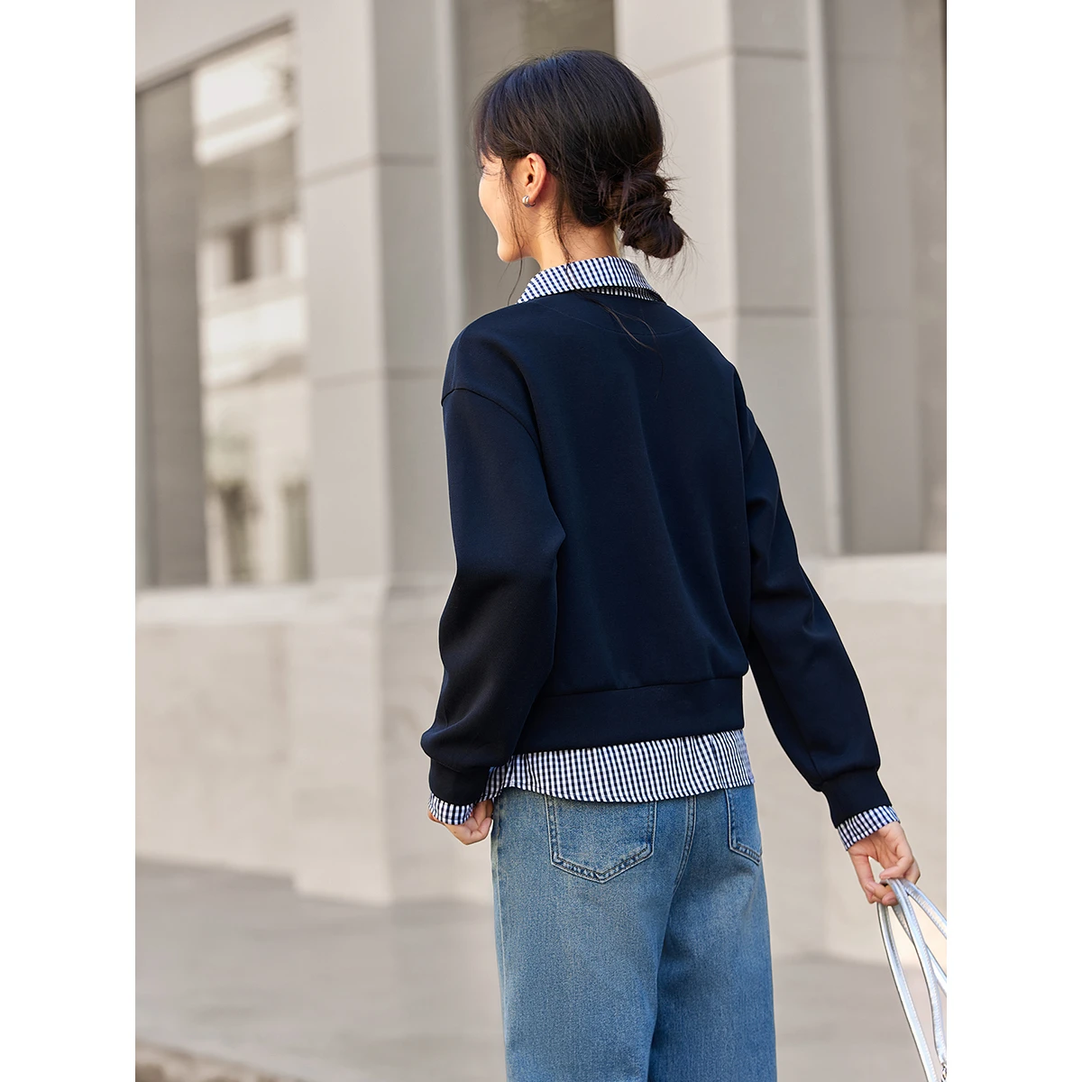 VIMLY Adrette Gefälschte Zwei-Stück Sweatshirt Frauen 2025, Herbst Pendeln Pullover Mode Drehen-unten Kragen frauen Kleidung a2068