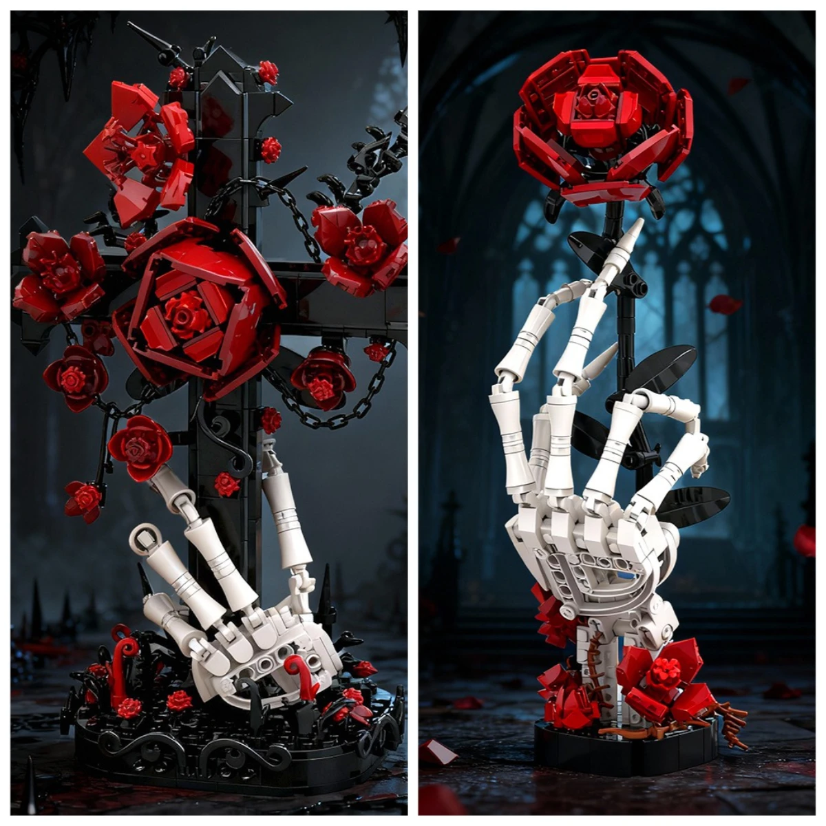 

MOC Gothic Skeleton Hand Flower Skull Cross Rose Building Blocks Set Ghost Bible Cross Toys For Kids Adults BoyHoliday Gifts