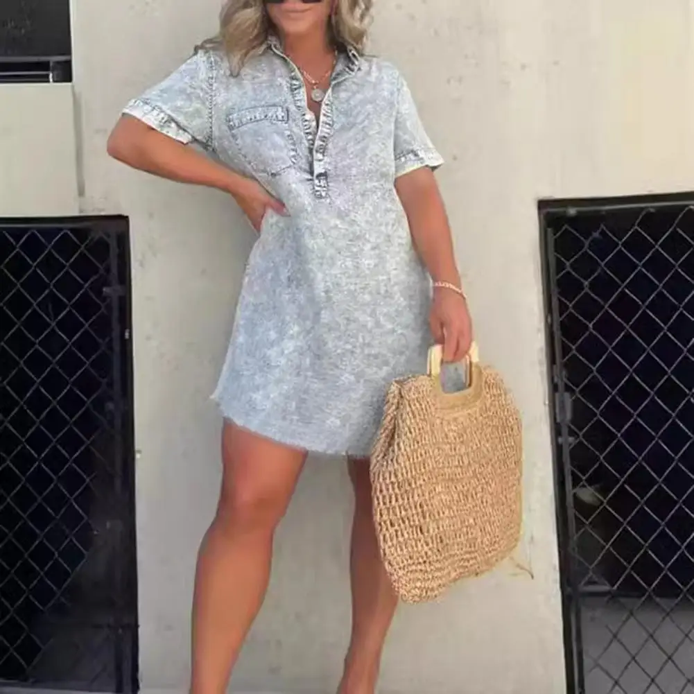 

Women Summer Denim Dress Lapel V Neck Ripped Hem Short Sleeves A-line Dress Solid Color Above Knee Length Dress With Pocket