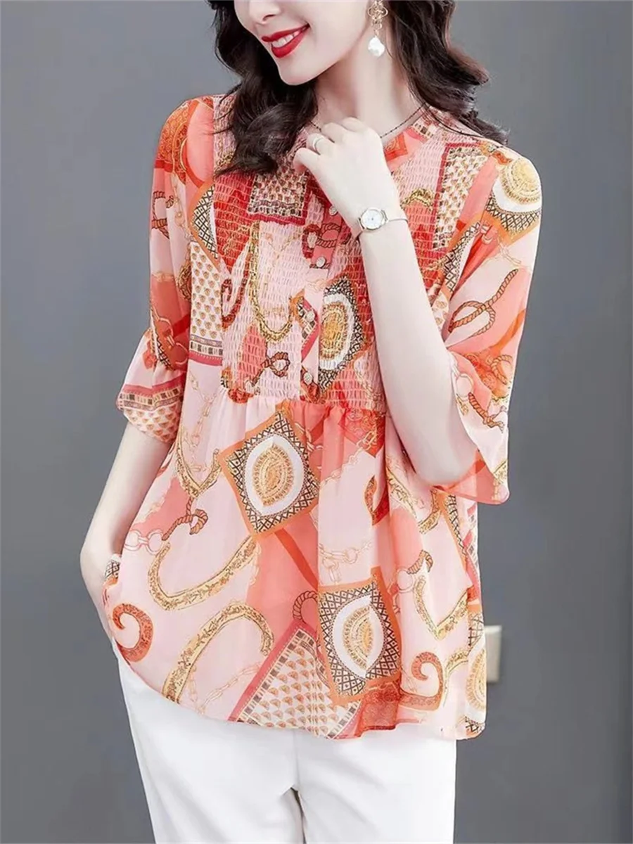 5XL Women Spring Summer Blouses Shirts Lady Fashion Casual Short Sleeve V-Neck Collar Flower Printing Blusas Tops TT2366