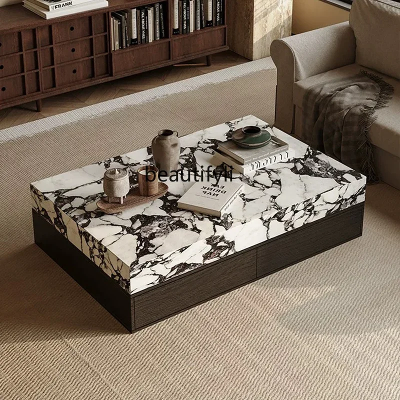 

Modern light luxury marble, black square coffee table, living room small apartment size combination minimalistA