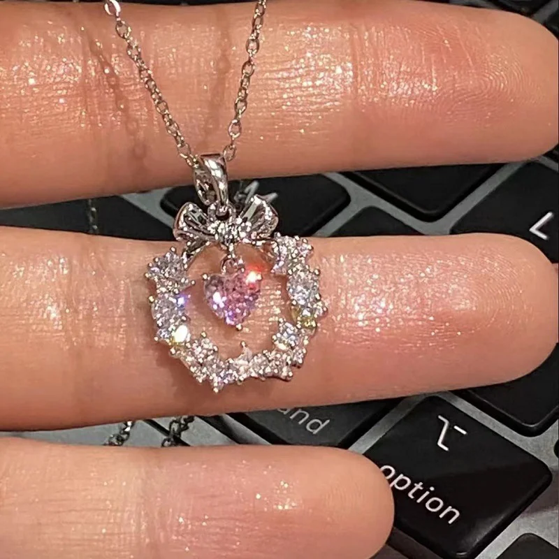 Punk Pink Love Heart Bow Crystal Necklaces For Women Goth Vintage Fashion Light Luxury Charm Choker Flower Necklace Jewelry image 2