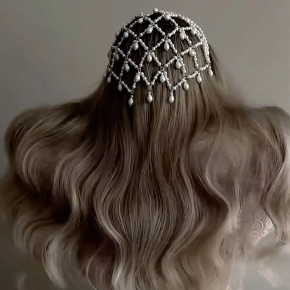 

Elegant Bar Mitzvah Crown Grid Hair Band Rhinestone Hair Hoop Pearl Princess Hair Band Headband Alloy Bride Tiaras Girls Gift