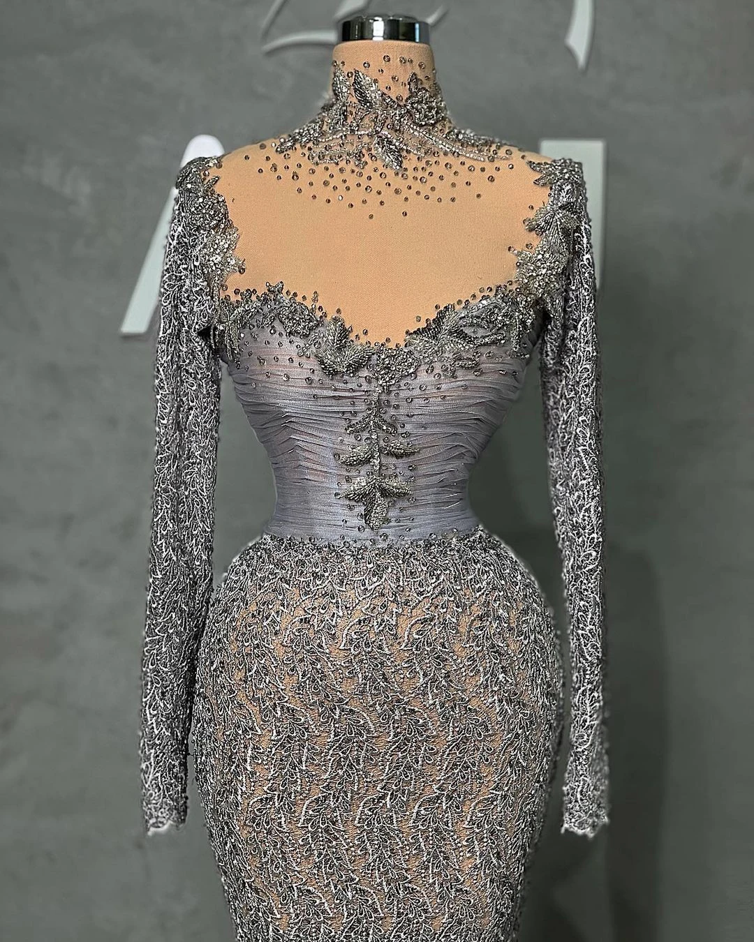 Robe de Soirée Sirène à Manches sulfet Col Haut, Tenue de Bal de Dubaï, Perles et Paillettes, sur Mesure, Clip, Rotterdam Kle