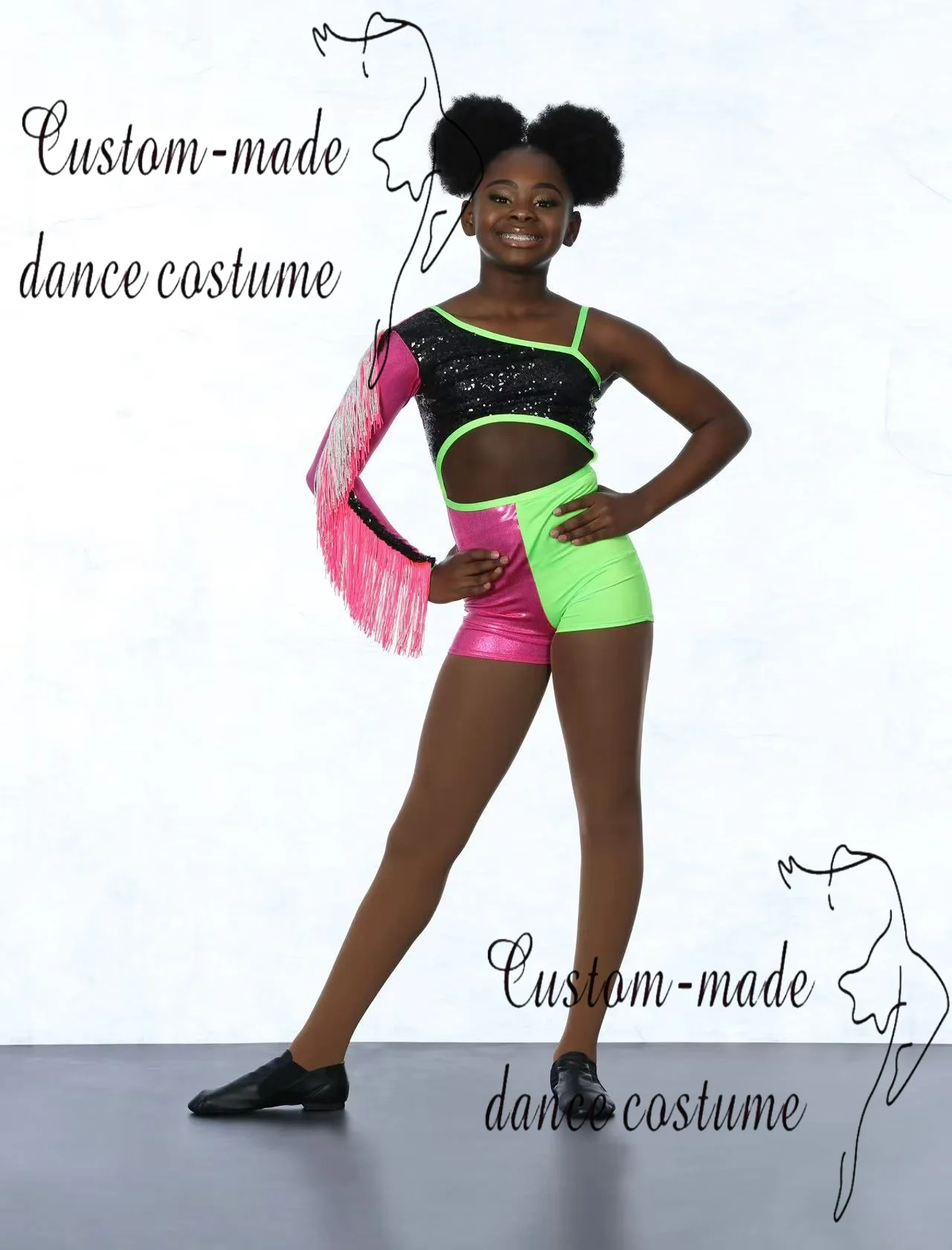 Black sequins, rose red long sleeves, rose red green shorts, jazz performance costume customization