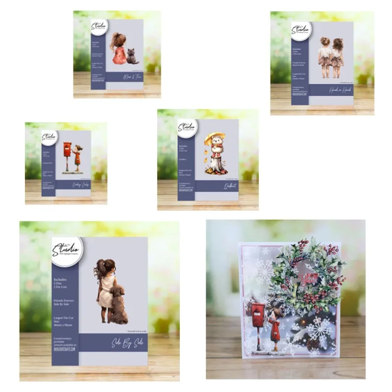 Friend Sending Smiles Hand in Hand Forever Girl Cat Side Christmas Metal Cutting Die Stamp Scrapbooking Diary Decoration Emboss