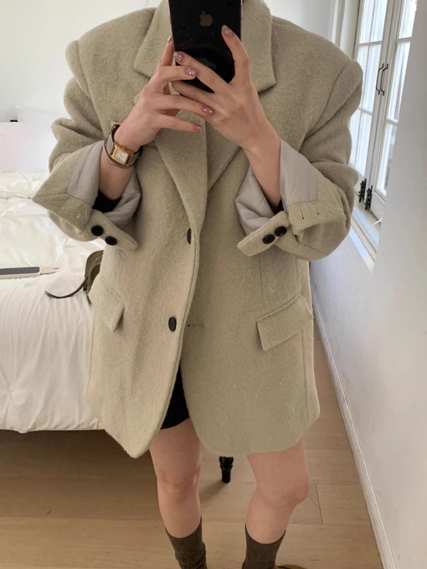 

Ele Single-Button Pure Color Woolen Suit Jaet Women's Mid-Length Vintage Sle Winter Faion Korean Loose Fit Coat