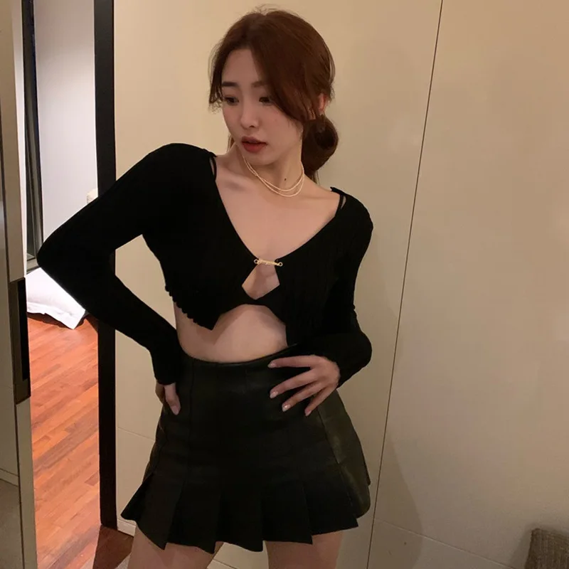 Cardigan Women Long Sleeve Sexy Blouses V Neck Low Cut Slim Fit Crop Top Casual T Shirt Knitted Shirt