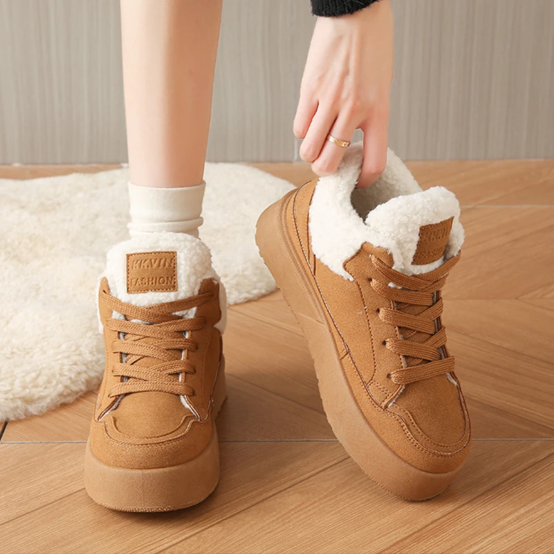 الشتاء الثلوج الأحذية النسائية الجلد المدبوغ سميكة الدافئة أحذية قطنية الحرارية الصوف مبطن عالية أعلى أحذية رياضية منصة الموضة حذاء من الجلد #2