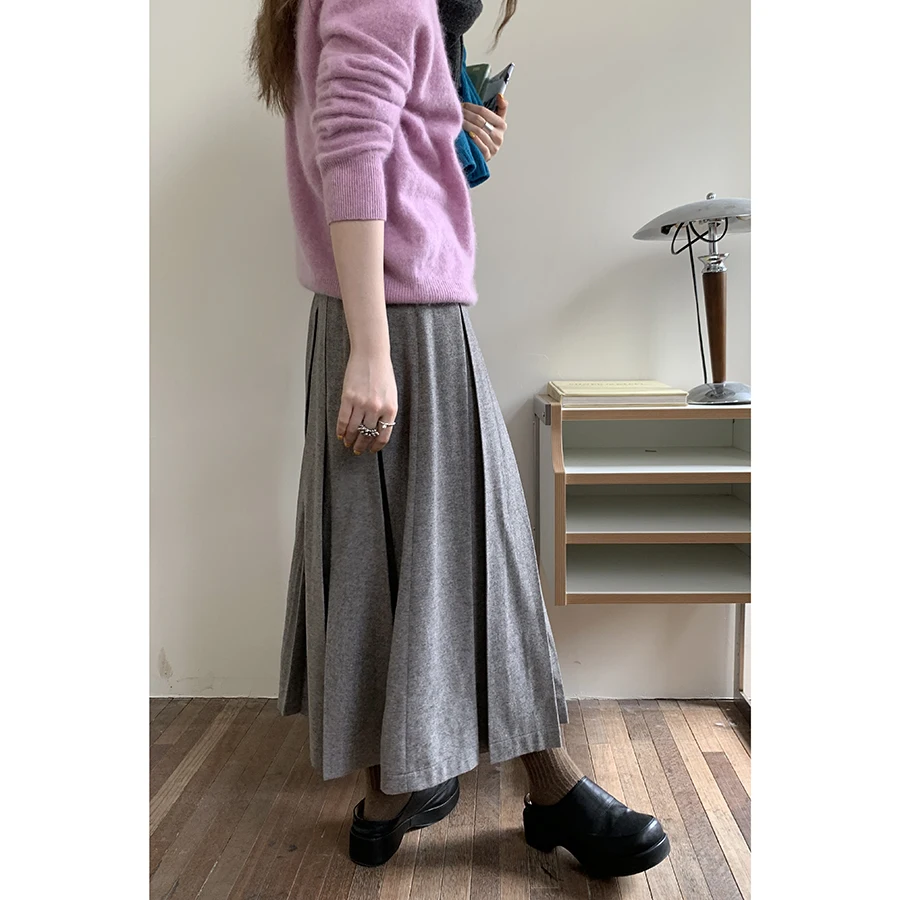 

Длинная шерстяная плиссированная юбка в клетку, однотонная, миди, в корейском стиле, для повседневной носки и офиса